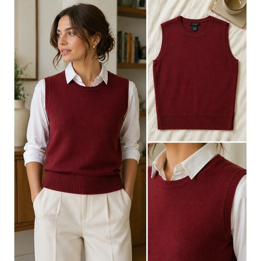 100% Cashmere Sweater Vest Womens Red Maroon Sleeveless Knit Size L